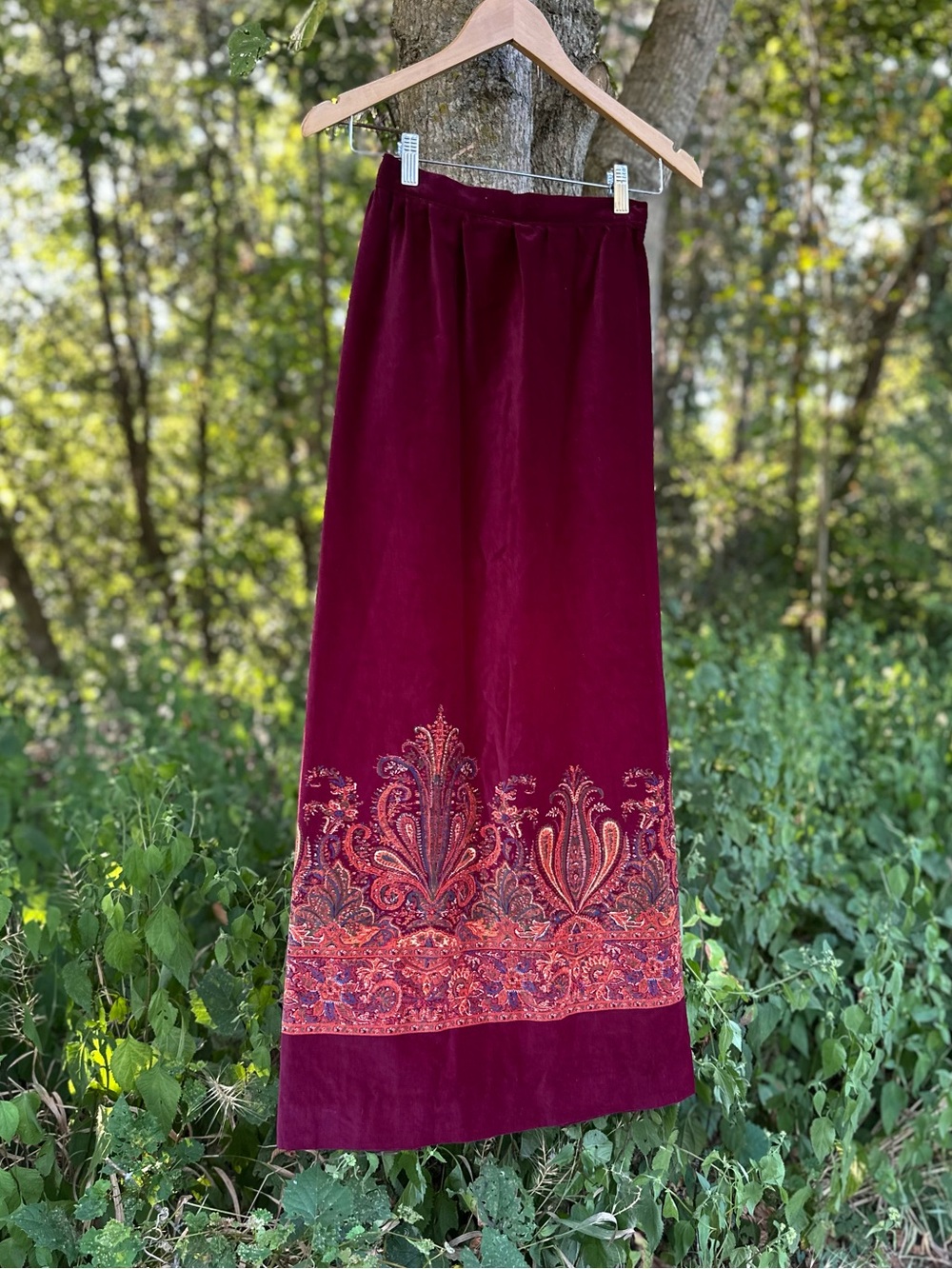Women's Burgundy Embroidered Maxi Skirt